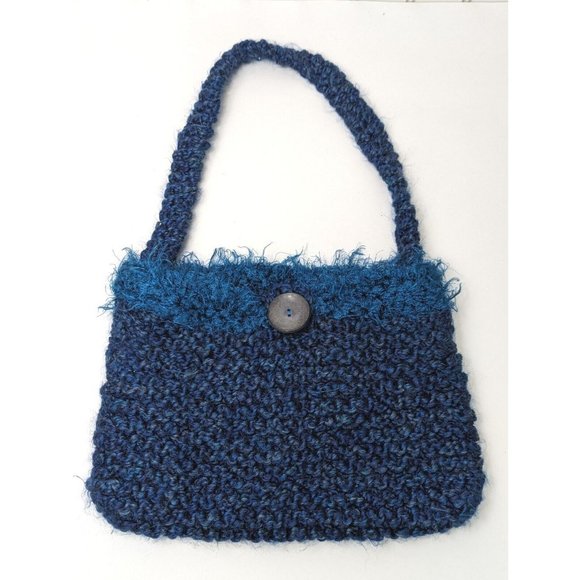 Vintage  Crochet Knitted‎  Blue Shoulder Bag Handmade Button One Strap - Picture 1 of 7